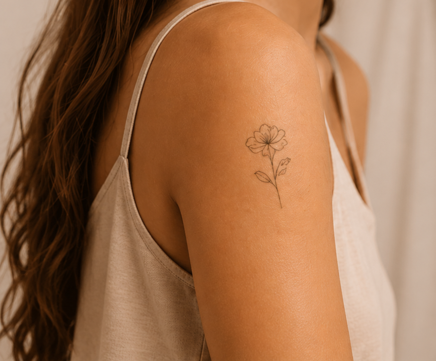 Tatouage temporaire fleur fin et réaliste sur l'épaule d'une femme