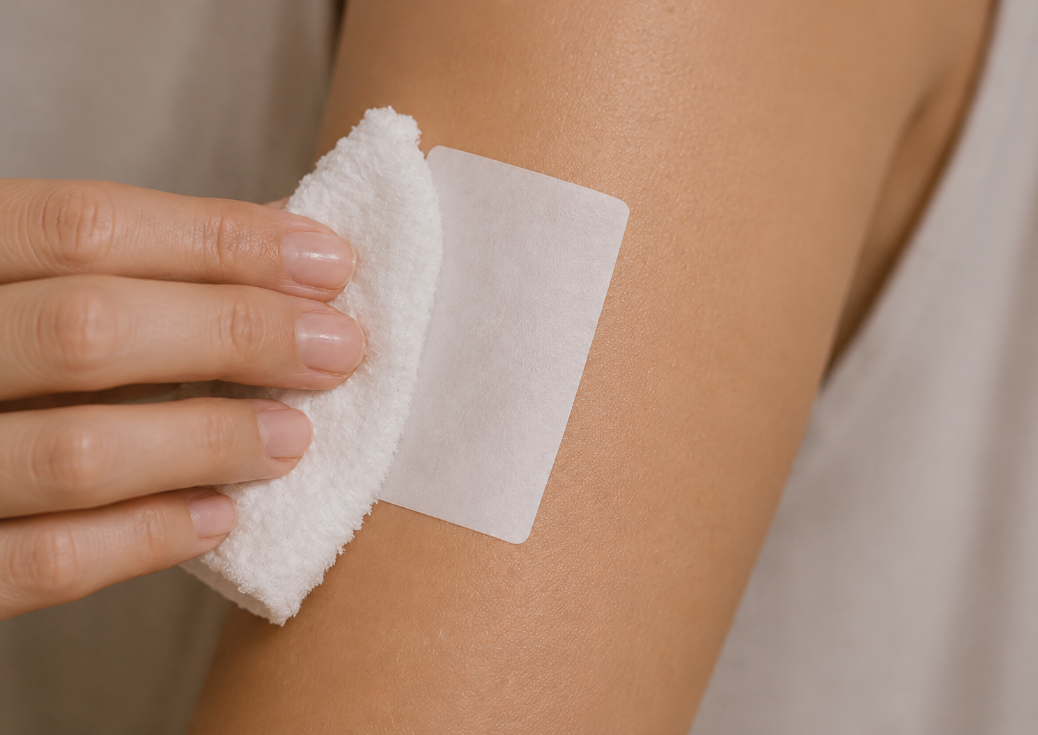 Application d'un chiffon humide sur le papier support d'un tatouage temporaire sur le bras