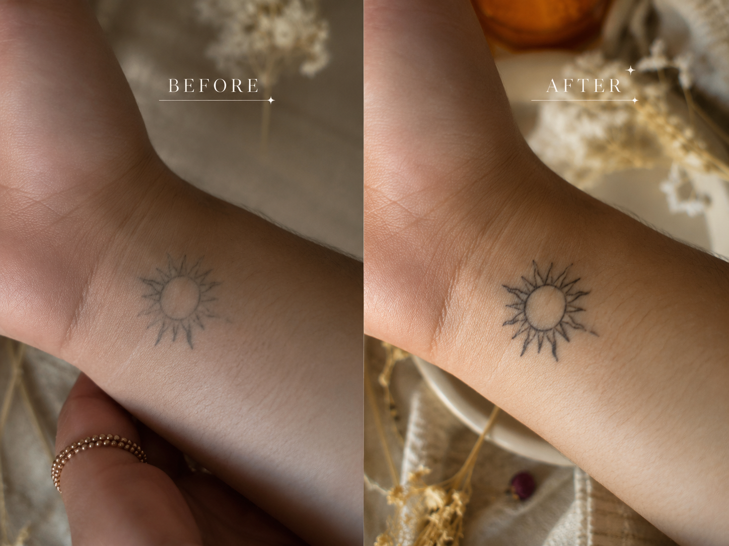Avant/après application d'un tatouage temporaire soleil SKNLY sur le poignet, rendu réaliste sur la peau
