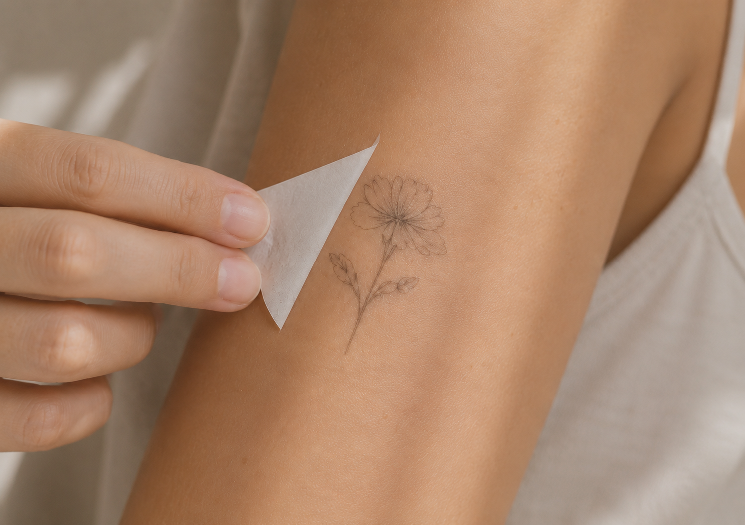 Décollage du papier support révélant un tatouage temporaire fleur sur le bras