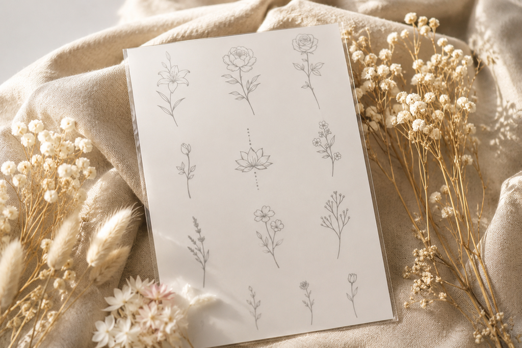 Planche de tatouages éphémères floraux SKNLY avec motifs de fleurs minimalistes