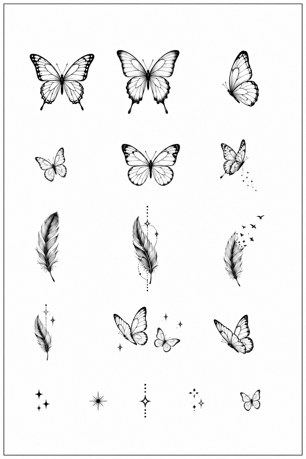 Planche de tatouages éphémères papillons et plumes SKNLY avec motifs fins et étoiles