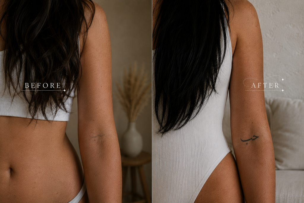 Avant après d’un tatouage éphémère calligraphie arabe SKNLY porté sur le bras