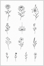 Planche de tatouages éphémères floraux SKNLY présentée sur tissu beige avec fleurs séchées